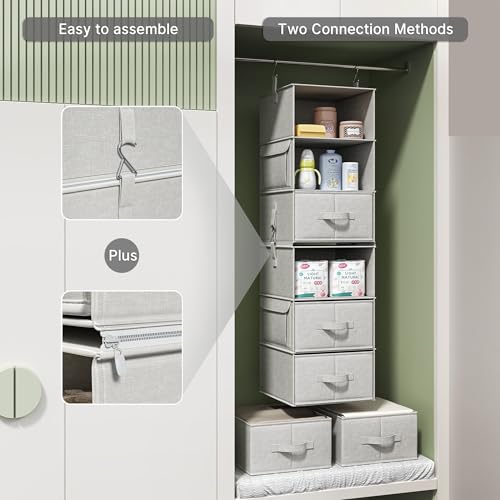 6-Shelf Hanging Closet Organizer with 3 Drawers, 2 Separable 3-Shelf Closet Organizers and Storage for Wardrobe Organization, Hanging Dresser for Nursury & Dorm Clothes Organizer