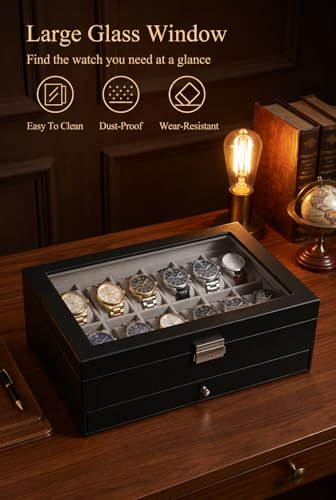 GUKA Watch Box Organizer for Men Gift, 12 Slot Watch Case with Glass Lid, 2 Tier Leather Watch Display Storage Box for Watches, Jewelry, Rings, Sunglasses & Accessories
