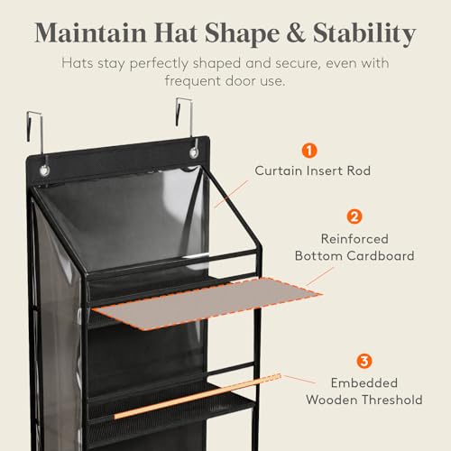 Lifewit 6 Tier Clear Over the Door Hat Rack, Baseball Caps Organizer, Black | Holds up to 84 Hats, Hanging Cap Storage Shelf with Dust Cover, Large Organizer with 2 Adjustable Hooks for Bedroom, Closet