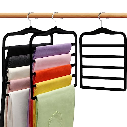 Closet Organizers and Storage, 3 Pack Velvet Pants-Hangers-Space-Saving | Non Silp 5 Tier Scarf Jeans Closet Organizer, Dorm Room Essentials for College Students Girls Boys Guys, Home Storage