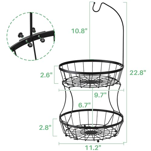 SAYZH 2-Tier Fruit Basket Bowl Stackable Vegetable Storage with Banana Tree Hanger Stand for Kitchen Countertop, Metal Wire Basket for Bread Onions Potatoes (Black)