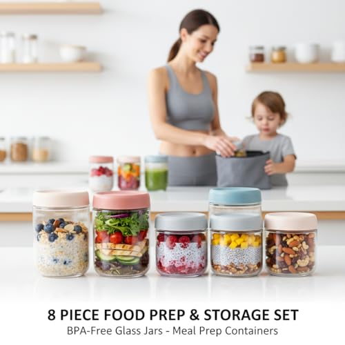 Glass Meal Prep Jar Set, 8 Pack Overnight Oats Containers with Lids