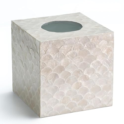 5.5" Capiz Square Tissue Box Cover, Coastal Tissue... (White)