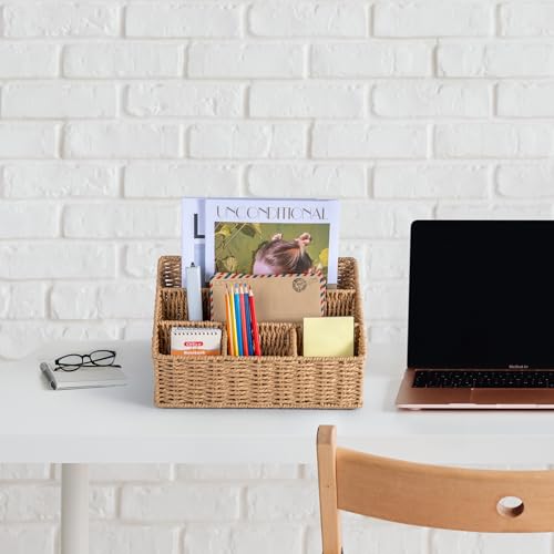 Rattan Desk Organizer, Tabletop Mail Holder, 5 Slot Mail Organizer Countertop Basket, Rattan Office Supplies, Boho Office Desk Accessories, Wicker Desk Organizer, Magazine Holder(Wicker)