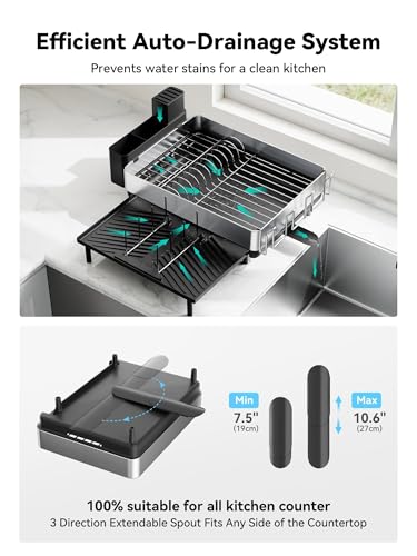 Large Dish Drying Rack, Expandable Dish Racks for Kitchen Counter, Space Saving 304 Stainless Steel Drying Rack Kitchen, Extra Large Drainer with Multifunctional Flip Up Pegs, Black
