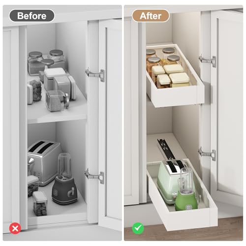 Pull out Cabinet Organizer,7"-11"W, 17"-24"D,Expandable,Adhesive | No Drill,Adjustable Slide out Drawers for Kitchen,Pantry,Roll out Shelves,for Cabinets Without Lip,Bathroom,White,1PC