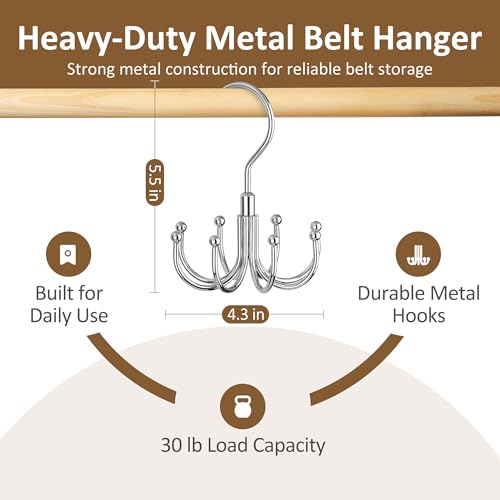 2 Pack Belt Hangers for Closet, Rotating Belt Organizer, 16 Hooks | Heavy-Duty Metal Belt Rack with 16 Hooks Hanging Belt Holder for Closet Organizers and Storage, Space Saving, No Installation