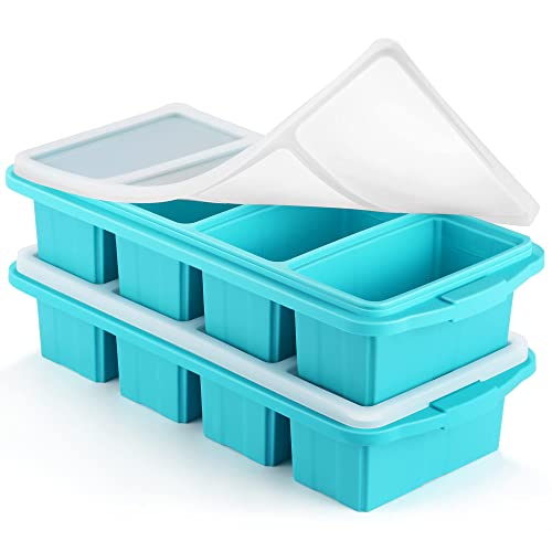 Silicone Freezer Tray With Lid - Silicone Freezer Food Molds- Large Ice Cube Tray,Silicone Freezer Container,Freeze & Store Soup, Sauce, Broth,Leftovers - Makes 4 Perfect 1 Cup