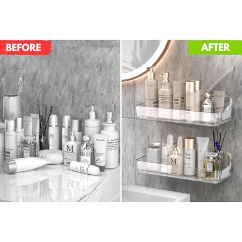 Long Adhesive Wall Organizer Shelf, No-Drill, Clear | BPA-Free PET, Built-In Drain Holes, Detachable, Extended Storage for Shampoo Bottles, Body Wash, Spice Jars