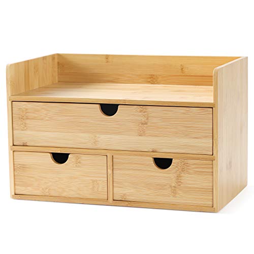 Bamboo Desk Organizer with Drawers, 3-Drawer Desktop Storage Box | 3 Drawers Open Top Tray Fully Assembled Stores Pens, Notes, Makeup, Jewelry & Toiletries for Office, Vanity & Bath