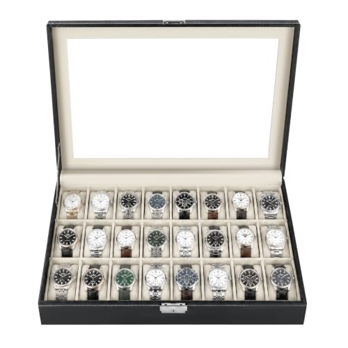 NATGAI Watch Box 24 Slots, Elegant Watch Display Case Glass Top (Beige) | PU Leather Watch Storage Box with Removable Cushion, Lockable Watch Holder Organizer for Men & Women