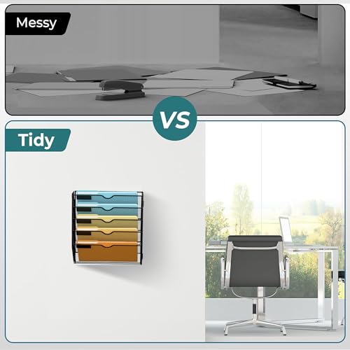 5 Tier Wall File Organizer, Hanging Wall Mounted Mail Organizer with Label Slots, Metal Mesh File Holder Magazine Rack for Office, Home, School or Classroom, Black