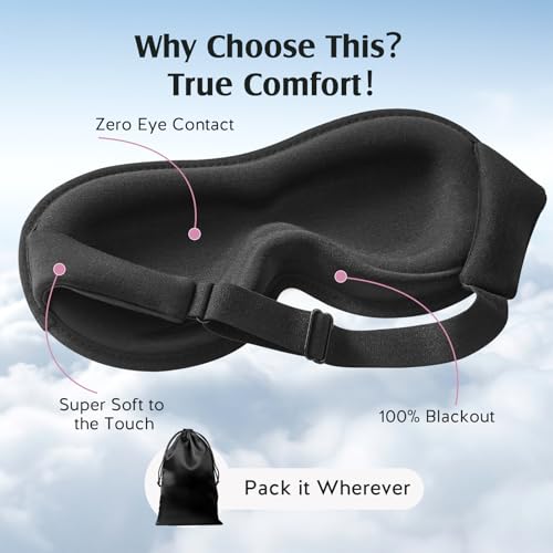 YFONG Sleep Mask Women Men for Lash Extension, Breathable Bamboo Viscose | 3D Blackout Eye Mask for Sleeping, Soft & Zero Pressure Eye Cover, Wider Adjustable Strap & Storage Pouch Blindfold, Black