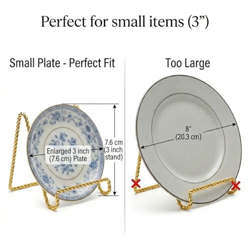 HOHIYA 3" Gold Plate Display Stands 6 Pack Mini Metal Easels | Compact metal easels display decorative plates, photos, frames, artwork and collectibles on shelves or tabletops.