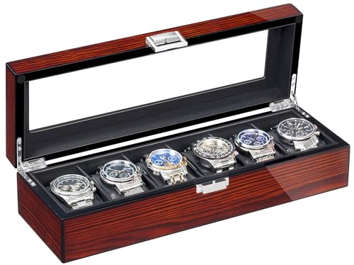 BEWISHOME Watch Box, 6 Slot Wooden Watch Cases for Men with Large Glass Lid | Men's Watch Box, Watch Storage Organizer, Watch Display Case, Watch Holder Removable Watch Pillows, Brown SSH06Y