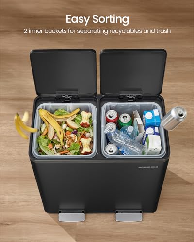 SONGMICS Trash Can, Double Compartment Garbage Can, Stainless Steel | 2 X 8 Gallon (2 x 30 L) for Recycling, with 15 Liner Bags, Soft-Close Lids, Removable Buckets, Black ULTB160BZ01