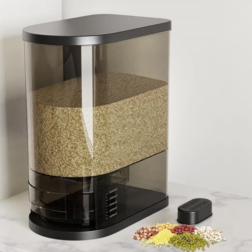 SYNCVIBE Large Rice Dispenser, 22-25 Lbs, Airtight, Measuring Cup, Black | Rice Storage Container, Cereal Dispenser, Dry Food Dispenser, Moisture-Proof Holder for Kitchen and Household Storage