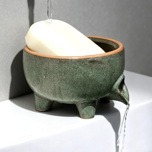 Soap Dish with Drainage, Ceramic Self Draining bar... (Avocado Green | Ceramic)