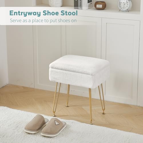 BRIAN & DANY Vanity Stool, Faux Fur Vanity Stool Chair with Storage, Rectangle Makeup Chair Soft Padded Seat with Legs for Bedroom (White)