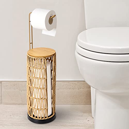 Freestanding Toilet Paper Holder with Storage,3 Ro... (Brown | Rattan, Wood)