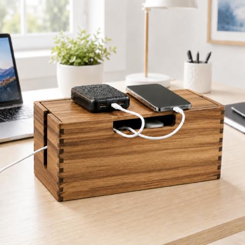 Acacia Wood Cable Management Box, Wooden Cord Hider Organizer for Power Strip, Electrical Hiding, TV Wires, Desk & Floor Cables, Under Desk Cable Organizer for Home Office