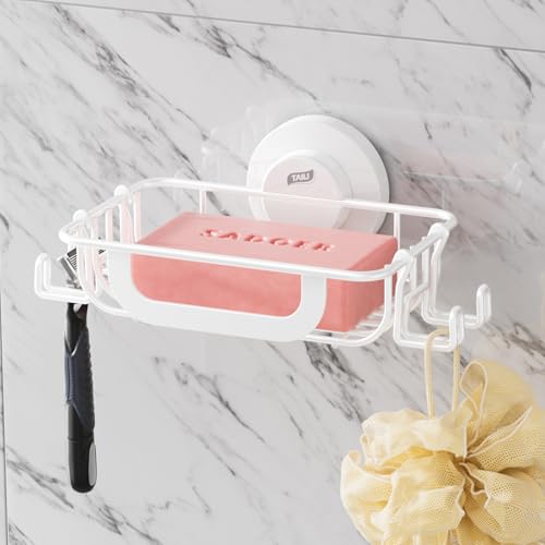 TAILI Soap Holder, Soap Dish Suction Cup with Hooks, Stainless Steel, White | Soap Dish for Shower, Bathroom Bar soap holder Shower Wall, Stainless Steel Sponge Holder for Tub Kitchen