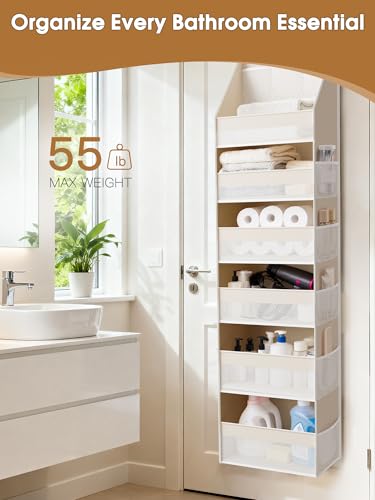 Over the Door Organizer, 6-Shelf Closet Hanging Storage with 13 Mesh Pockets, 55lbs Capacity Behind the Door Storage for Baby Nursery, Bathroom, Bedroom, and Dorm, Beige