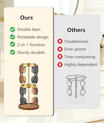 360° Rotating Double-layer Sunglasses Organizer - Stainless Steel Glasses Holder for Multiple Eyeglasses with Tray, Space-Saving Eyewear Storage Stand (Gold)