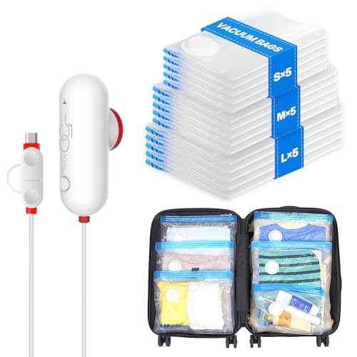 15 Pack Travel Vacuum Storage Bags with USB Pump,... (15 Count | Red and White)