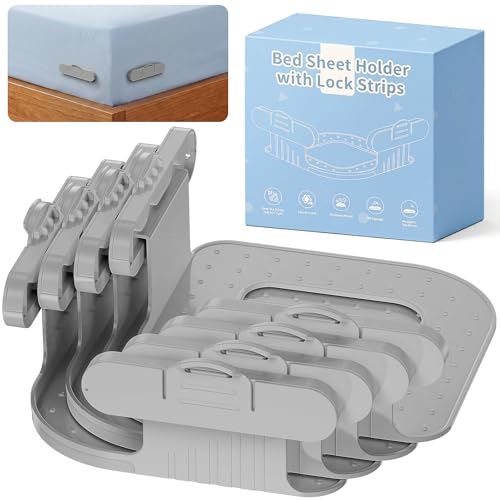 Bed Sheet Holders for Corners, New Upgrade Fitted Sheet Holder Keep Sheets Firm & Tight, Bed Fitted Sheet Holder for Corners, Lock Design, Easy Installation for Any Mattress Sizes Gray 4PCS