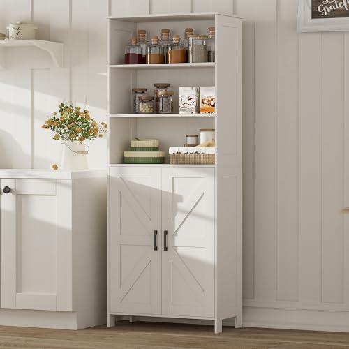 67" Tall Bathroom Storage Cabinet, Bathroom Floor Cabinet | Freestanding Farmhouse Cabinet with Doors and Adjustable Shelf, Linen Cabinet for Bathroom, Living Room, Laundry Room, White