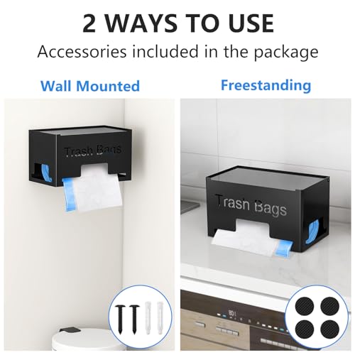 STWWO Large Trash Bag Holder Dispenser | Metal Garbage Bag Dispenser Roll Holder, Kitchen Trash Storage Organizer for Under Sink, Wall Mounted or Freestanding, Black