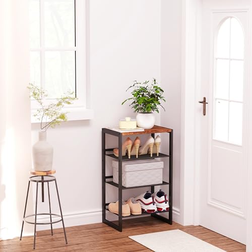 CHEMPFR Narrow 4-Tier Shoe Rack, Slim Space-Saving Shelf with Decorative Wood Top & Steel Mesh, Entryway/Closet/Dorm Organizer, 16.5x11.8x27.9 Inches