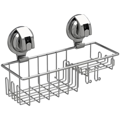 TESOT Suction Cup Shower Shelf, Shower Caddy Soap Dish with Hooks for Sponge, Rust Proof 304 Stainless Steel, Silver