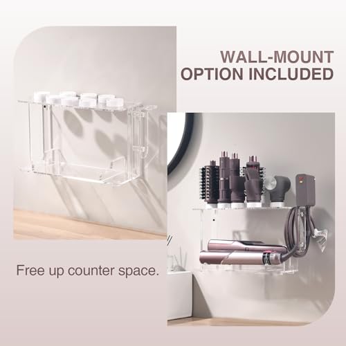 Organizer for Shark FlexStyle FlexFusion, Countertop/Wall Mount | Acrylic Holder for Dyson Airwrap (Not Coanda 2x), Compact Storage Keeps Tools Tidy & Saves Vanity Space, Clear & White