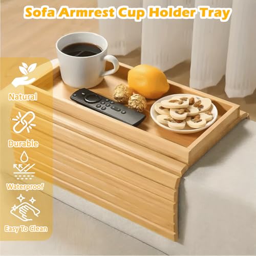 Four Flowers Foldable Bamboo Couch Arm Tray with Detachable Couch Cup Holder– Sofa Armrest Table for Remote, Snacks, Phone – Portable Armrest Caddy Tray for Sofa, Recliner, or Armchair
