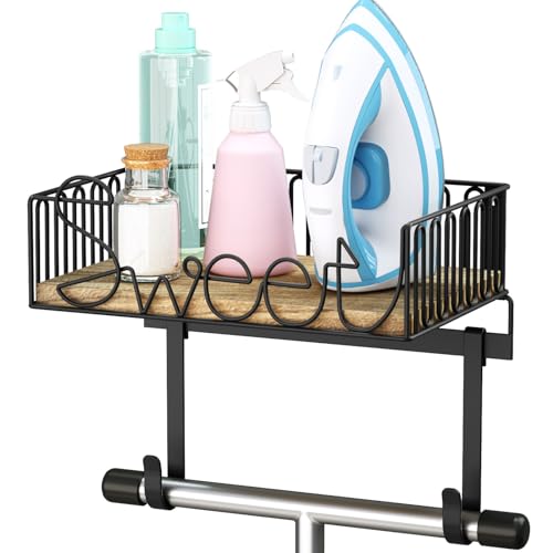 SRIWATANA Ironing Board Hanger Wall Mount, Carbonized Black | Space Saving Ironing Board Holder, Laundry Room Organizer & Storage, Movable Hooks Fit T-Leg, Large Storage Wood Base Basket