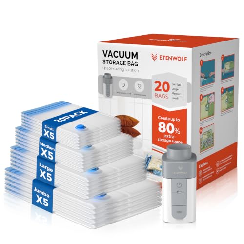 20 Combo Vacuum Storage Bags for Travel with Wirel... (20 Count | Transparent | PA+PE, ABS)