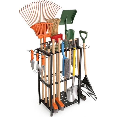 Faesun Garden Tool Organizer, 3-Tier Metal Yard Tool Rack with 14 Hooks & 5 Slots, Holds 50+ Rakes/Shovels/Brooms, Heavy Duty Freestanding Lawn Tool Storage for Garage Shed Outdoor Organization