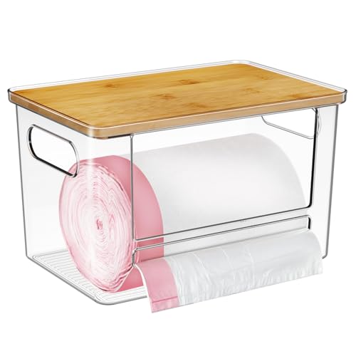 Trash Bag Holder, Acrylic Garbage Bag Dispenser with Bamboo Top | Extra Large Trash Bags Dispenser Under Sink for Kitchen, Pantry, Laundry Room, Cabinet Organizer and Storage (1 PACK)