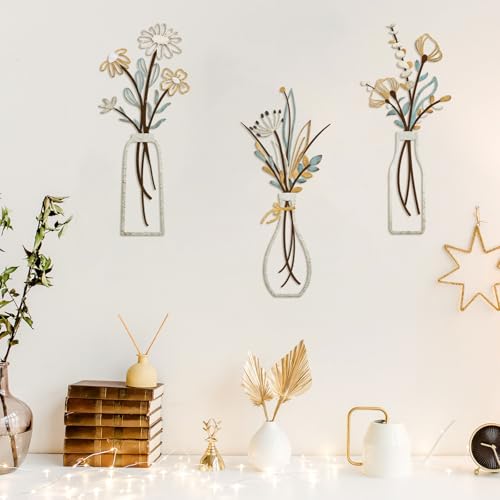 Pigort 3 Pieces Metal Flowers Wall Art- Rustic Farmhouse Decor Minimalist Decor for Living Room Bathroom Bedroom Dining Room, Housewarming Gifts Christmas Decoration(Beige, Vase-C)