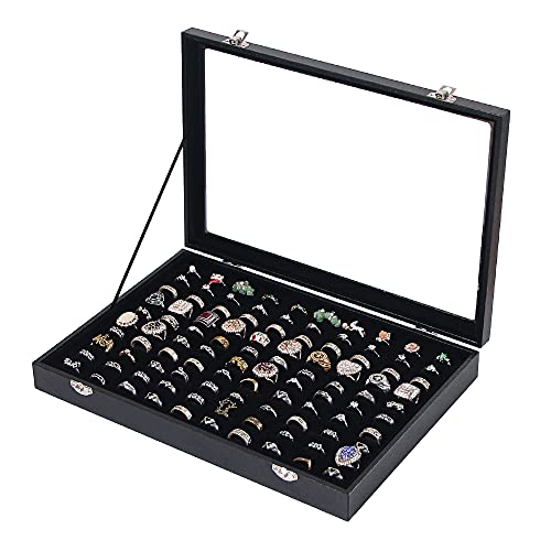 Ring Holder Organizer Box, Jewelry Display Case, Earring Necklace Storage Tray With Top Glass Lid (Black, 100 Slots)