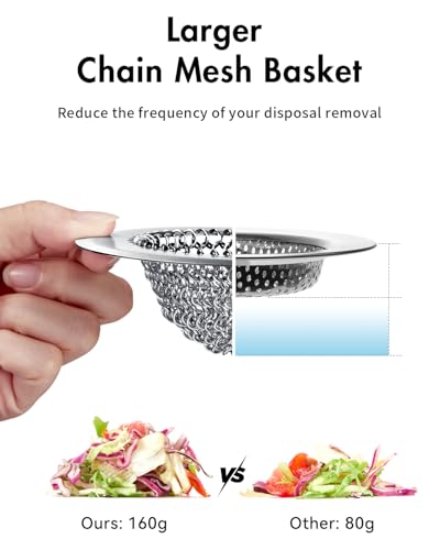 Upgraded Sink Drain Strainer, Patented Reversible Chain Mail Mesh | Anti-Slip Ring, Fast Drainage, Reversible Flip Clean, Rust-Proof, Universal 4.4-Inch, Large Capacity, Garbage Disposal Fit