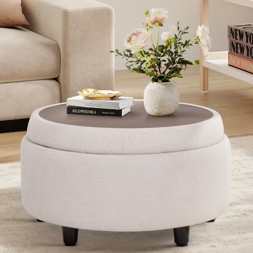 Fabric Round Storage Ottoman with Reversible Tray... (Beige | Plywood)