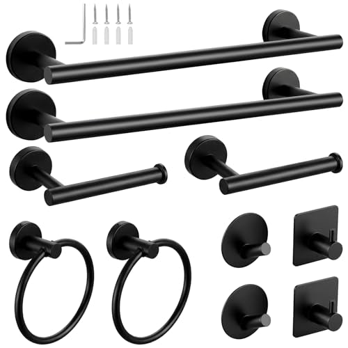Tudoccy 10-Piece Matte Black Bathroom Hardware Set, 16in SUS304 | Wall-mounted Towel Racks, Hand Towel Holder For Bathroom Decor, Rustproof Stainless Steel Construction