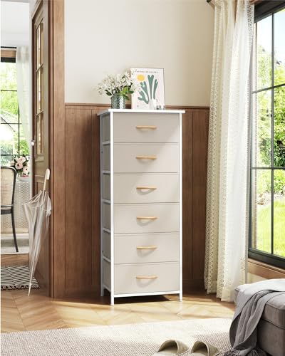 Tall 6-Drawer Fabric Dresser Tower for Closet, Vertical Storage, Beige | Sturdy Steel Frame, Wood Top and Easy Pull Fabric Bins Handles - Organizer Unit for Bedroom, Hallway, Entryway