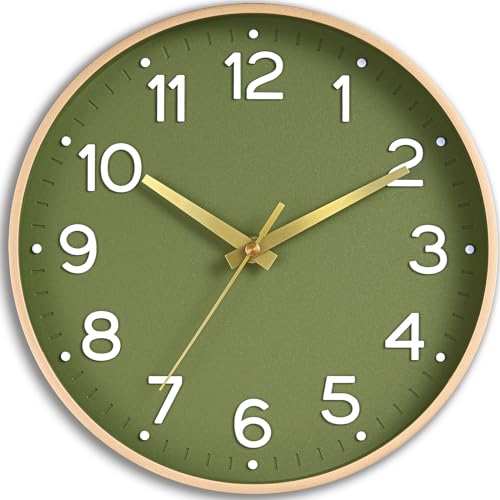 Roymnie 10 Inch Wall Clock Battery Operated Silent Non Ticking Green Analog | Green & gold modern analog; large 3D easy-read dial for kitchen, office, bathroom & bedroom; 1 AA battery (not included)