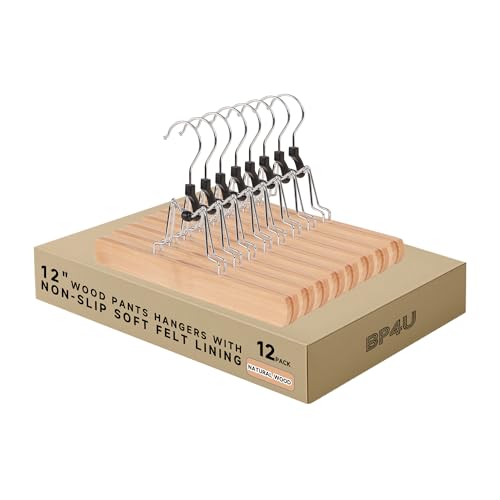 Wooden Non Slip Pants Hangers with Soft Felt Lining, 12-Pack, 12" | Solid Wood Clamp Hangers, 360° Swivel, for Skirts, Jeans, Slacks, Trousers, Shorts