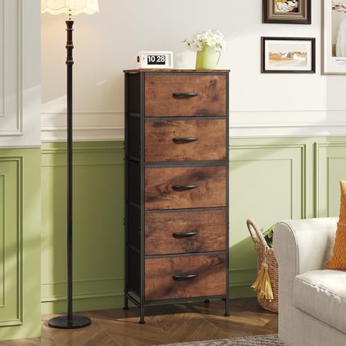 DUMOS Nightstand with 5 Fabric Drawers, Skinny Dresser | Night Stand Bedside Table, Removable Bins, Sturdy Steel Frame Wood Top, Storage Tower for Bedroom Closet, Rustic Brown