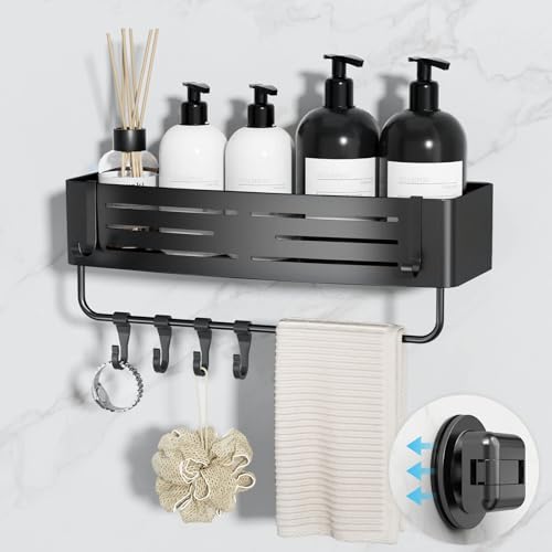 Onemake Suction Cup Shower Caddy, Shower Shelf, Bathroom Organizer, Black | No-drill Rustproof Aluminum Removable Caddy with Hooks, Wall Mounted Shower Organizer, Corner Shampoo Holder for Bathroom